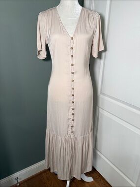 Love, Whit Blush Pink Button Front Midi Dress Tie Back Romantic Boho Formal M